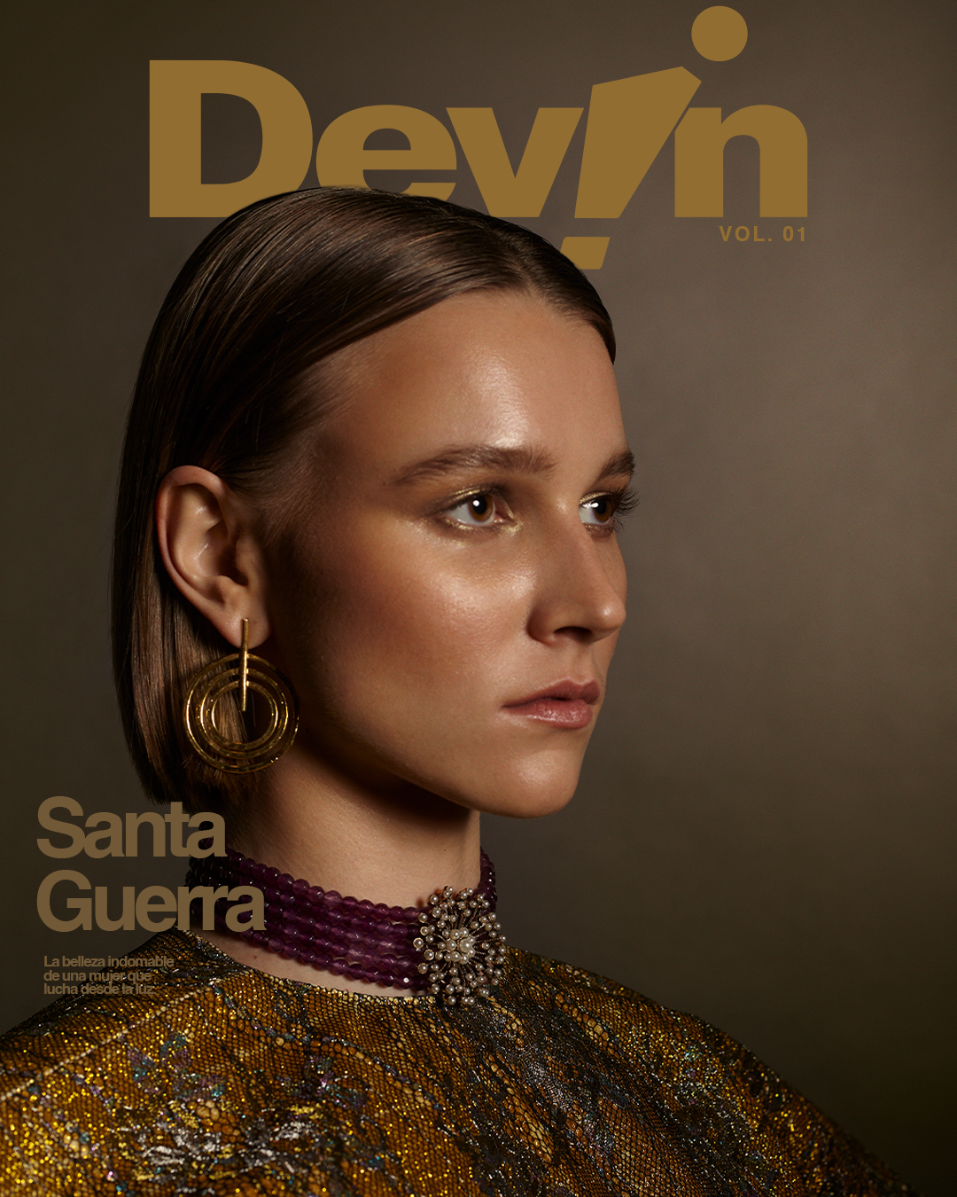 Editorial portrait with sculptural headpiece and layered styling